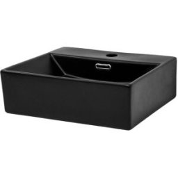 ECD Germany Lavabo negro de cerámica con rebosadero y juego de desagüe