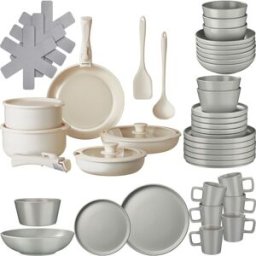 Tectake Set básico de cocina para 6 personas, 46 piezas, gris/blanco