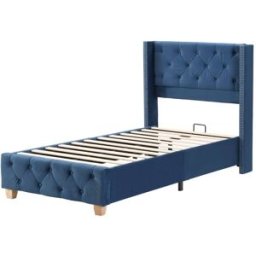 MODFU Cama infantil terciopelo azul 90x200 cm con somier y cabecero