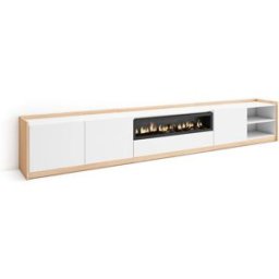 Skraut home Mueble tv efecto madera blanco roble 310x37x50cm chimenea efecto fuego