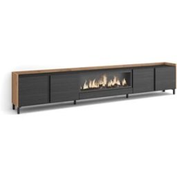 Skraut home Mueble tv efecto madera negro roble 315x35x61cm chimenea efecto fuego