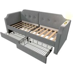 MODFU Cama infantil de terciopelo gris, 90 x 200 cm con 2 cajones
