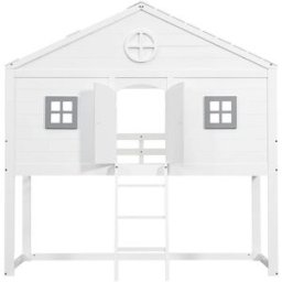 OKWISH Cama alta blanca y gris de madera con ventanas 90x200 cm