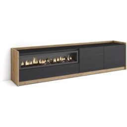 Skraut home Mueble tv efecto madera negro roble 208x37x50cm chimenea efecto fuego