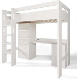 ComfortXL Cama alta infantil 90x200 cm con escritorio y armario, Blanca