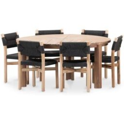 Defora Home Set de mesa redonda 150cm y 6 sillas de madera y ratán negro