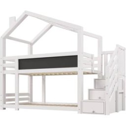 MODFU Litera infantil de madera blanca 90x200 cm con escalera de almacenaje