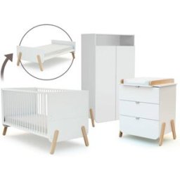 AT4 Set cama bebé, cambiador y armario en madera blanco y haya