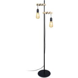 Tosel Lámpara de pie columna metal negro madera natural pantalla bombilla