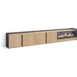 Skraut home Mueble tv efecto madera roble y negro 315x35x50 chimenea efecto fuego