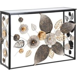 Mauro Ferretti Consola de metal negro con flores y tapa de vidrio cm 112x42x80