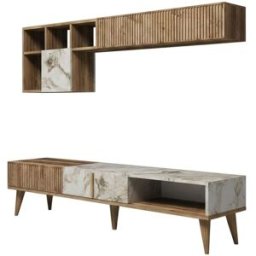 Dmora Pared equipada efecto madera nogal, mármol blanco 180x35 cm