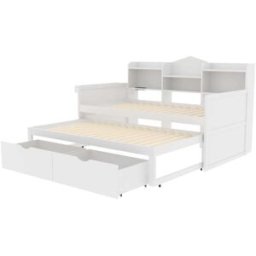 MODFU Cama infantil de madera blanca 90x200 cm con cama nido y 2 cajones