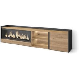 Skraut home Mueble tv efecto madera roble negro 212x35x50cm chimenea efecto fuego