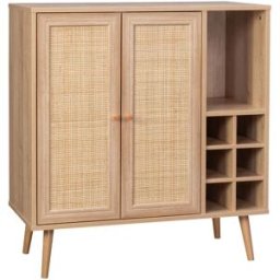 sweeek Aparador con portabotellas, mimbre y decoración de madera, 83cm,