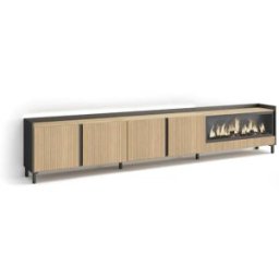 Skraut home Mueble tv efecto madera roble y negro 315x35x61 chimenea efecto fuego
