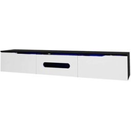 MODFU Mueble tv con led y bisagras amortiguadas, pared 180 cm, negro/blanco