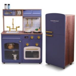 Teamson Cocina Infantil Modular de Madera Blanca con Frigorífico, 92cm, Azul
