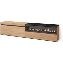 Skraut home Mueble tv efecto madera roble y negro 200x35x45 chimenea efecto fuego