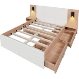 Urban Meuble Cama doble king efecto madera con 2 cajones usb roble/blanco 180*200cm