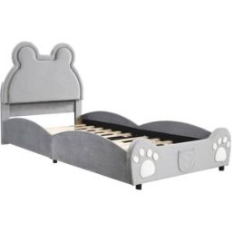 MODFU Cama infantil terciopelo gris 90x200 cm con cabecero oso