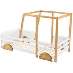 MODFU Cama infantil de madera blanca 90x200 cm con ruedas