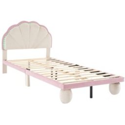 MODFU Cama infantil terciopelo beige y rosa 90x200 cm con tira de luz led