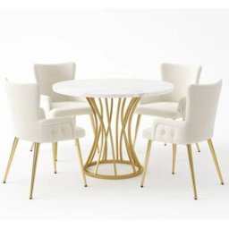 Urban Meuble Conjunto mesa redonda mármol blanco dorado con 4 sillas beige