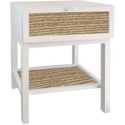 NATYAL Mesita de noche de madera maciza blanca con balda y cajón de yute