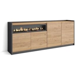 Skraut home Aparador efecto madera roble y negro 210x37x80cm chimenea efecto fuego