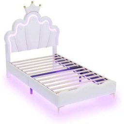 MODFU Cama infantil de cuero blanco 90x200 cm con iluminación led