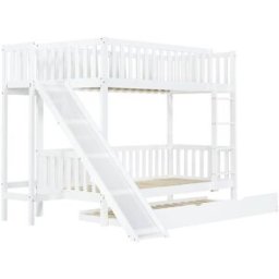 MODFU Cama alta blanca de madera de 90 x 200/190 cm con tobogán