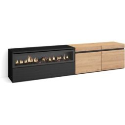 Skraut home Mueble tv efecto madera roble y negro 200x35x45 chimenea efecto fuego