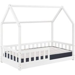 WellHome Cama infantil y colchon en madera blanco 195x98,2x148cm
