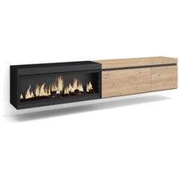 Skraut home Mueble tv efecto madera roble negro 237x35x45cm chimenea efecto fuego