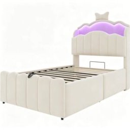 MODFU Cama infantil 90x200 cm con almacenaje, led, usb, beige