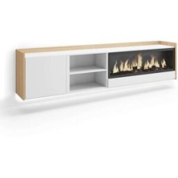 Skraut home Mueble tv efecto madera blanco roble 212x35x50cm chimenea efecto fuego