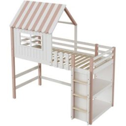 ComfortXL Cama infantil casita 90x200 cm con escalera y almacenaje rosa