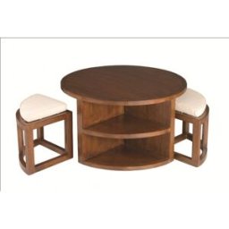 MACABANE Mesa de centro redonda marrón y 2 taburetes de madera de mindi