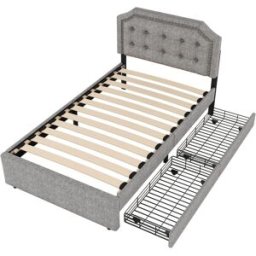 MODFU Cama infantil de lino gris 90x200 cm con 2 cajones