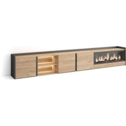 Skraut home Mueble tv efecto madera roble negro 315x35x50cm chimenea efecto fuego