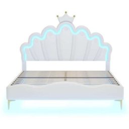 MODFU Cama infantil en polipiel blanca 140x200 cm con cabecero corona