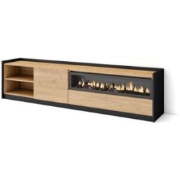 Skraut home Mueble tv efecto madera roble negro 208x37x50cm chimenea efecto fuego