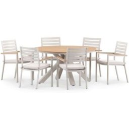 Defora Home Conjunto de mesa redonda d140 y 6 sillas de aluminio beige con cojín
