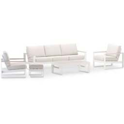 Defora Home Set jardin 5 plazas y reposapies aluminio blanco, efecto madera