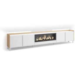Skraut home Mueble tv efecto madera blanco roble 315x35x61cm chimenea efecto fuego