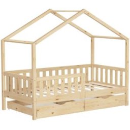 ML-Design Cama infantil casa madera natural maciza de pino 80x160cm 2 cajones