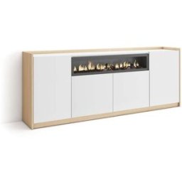 Skraut home Aparador efecto madera blanco roble 210x37x80cm chimenea efecto fuego