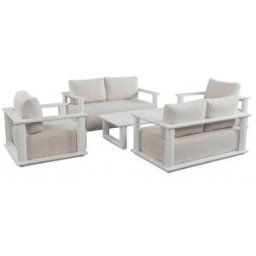 Kerama Conjunto de jardín 6 plazas de aluminio blanco y cojines beige