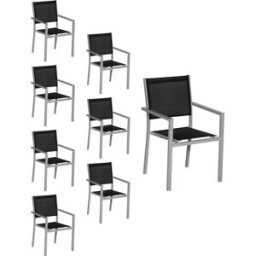 Happy Garden Juego de 8 sillas de aluminio gris y textileno negro